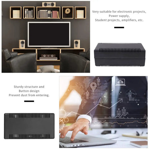 Get These Rad 2pc Black Plastic Junction Boxes For Your Dope Electronic Projects. Super Sturdy ABS Enclosure shown on desk.