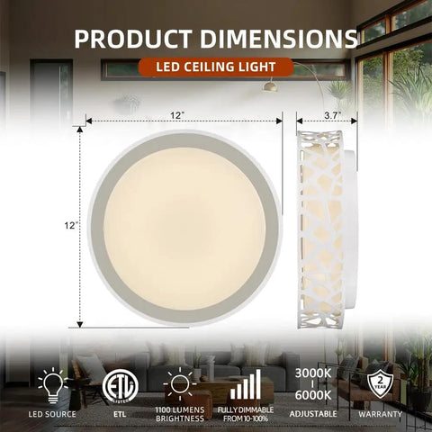Dimensions of Dope Dimmable LED Flush Mount Ceiling Light Fixture 15W with adjustable 3000K to 6500K CCT shown