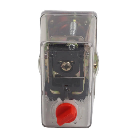 Three Phase Air Compressor Pressure Switch Controller For 380V And 400V Systems, front view with red ON/OFF knob and clear cover