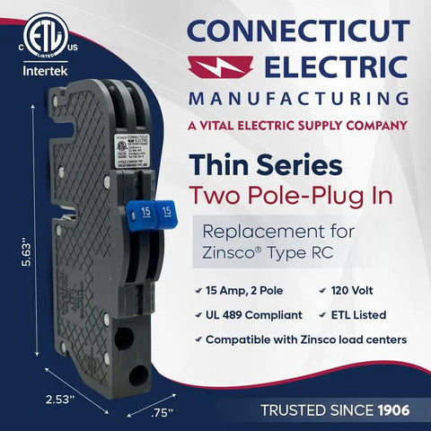 Zinsco RC3815 Newly Manufactured Replacement Circuit Breaker Two Pole 15 Amp Thin Series Gray Plug In Type Molded Case ETL UL 489