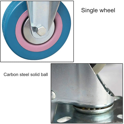 Close-up of Badass Heavy Duty Swivel Caster Wheels With Solid Brakes showing single polyurethane wheel and carbon steel solid ball.