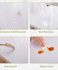 Clear 14 By 24 Inch Table Cover Protector With 1.5mm Thick Vinyl Desk Mat demonstrating waterproof, heat resistant, anti-scratch, easy to clean features.