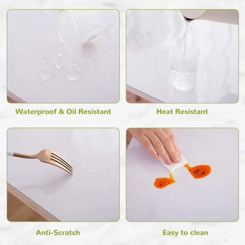 Clear 14 By 24 Inch Table Cover Protector With 1.5mm Thick Vinyl Desk Mat demonstrating waterproof, heat resistant, anti-scratch, easy to clean features.