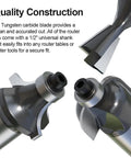 Pro Grade Tungsten Carbide Router Bits Set With One Half Inch Shank, close-up of three bits showing precision cutting edges