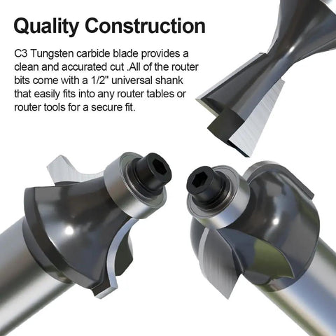 Pro Grade Tungsten Carbide Router Bits Set With One Half Inch Shank, close-up of three bits showing precision cutting edges