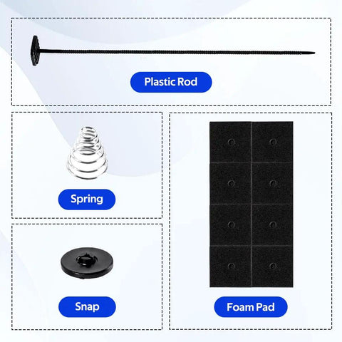 Ultimate Car Radiator Fan Mounting Kit with zip ties, plastic rod, spring, snap, and foam pad components displayed
