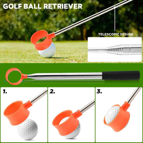 12ft Telescopic Golf Ball Retriever With Grabber, Stainless Steel Build, extended with golf ball on grass