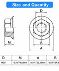 Top Shelf Hex Serrated Flange Lock Nuts 6 Pack M10 X 1.25mm Fine Pitch Metric Fasteners dimensions diagram with detailed measurements.