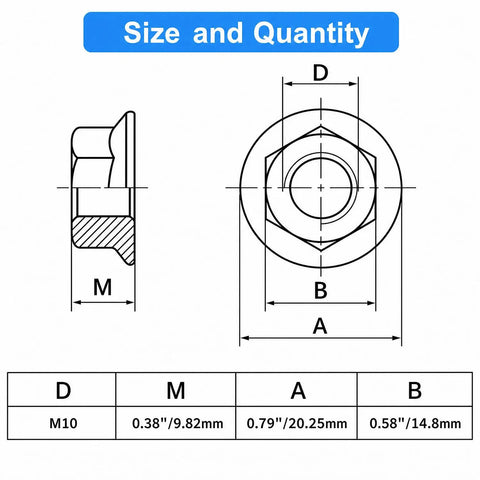 Top Shelf Hex Serrated Flange Lock Nuts 6 Pack M10 X 1.25mm Fine Pitch Metric Fasteners dimensions diagram with detailed measurements.