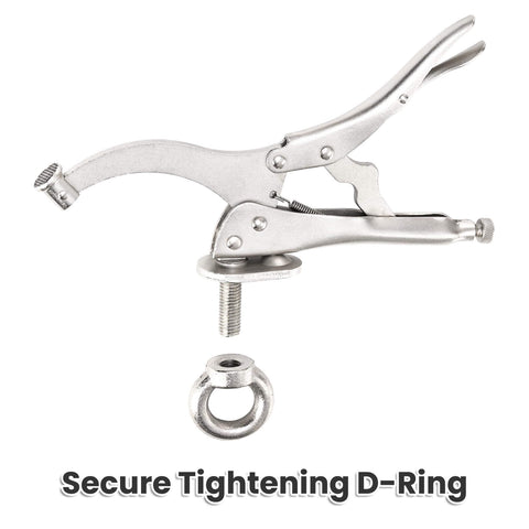 Metal clamp with locking mechanism and D-ring for secure tightening, suitable for welding tables and woodworking applications.
