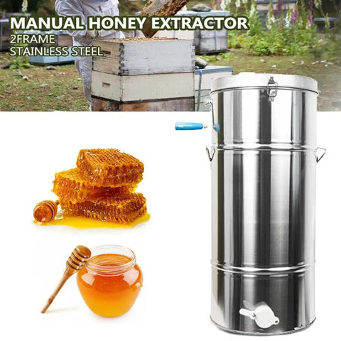 Two Frame Stainless Steel Honey Extractor Manual Beekeeping Drum Spinner next to honeycomb and honey jar