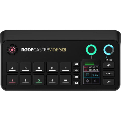 Video S All-In-One Audio And Video Console For Pro Podcasters And Streamers, front view with control buttons and display screen.