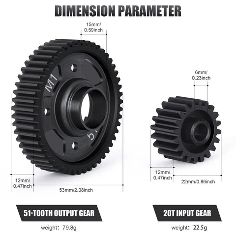Traxxas 51T Steel Center Diff Output Gear With 20T Input Gear Differential Set dimensions and weights shown