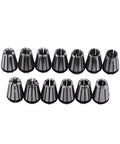 15 Piece ER11 Collet Set for CNC Milling and Engraving Spring Steel Workholding Chuck, multiple sizes displayed in rows