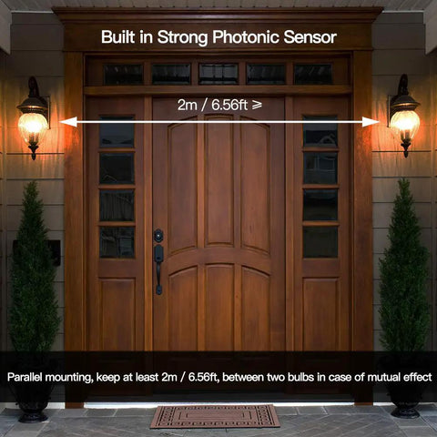 Motion Sensor Light Bulb With Dusk To Dawn Sensor E26 Base 7W LED 60W Equivalent Warm White 3000K Adjustable Motion Sensitivity And Twilight Time Settings For Auto On Energy Efficient Home Lighting on front porch lanterns, 2m spacing