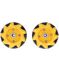 Omni Directional Mecanum Wheel Set For Smart Robot Car With Rubber Coating 48mm Dope Grip For DIY Projects Compatible With TT Motors And Building Blocks Pair, front view showing yellow and black wheels.