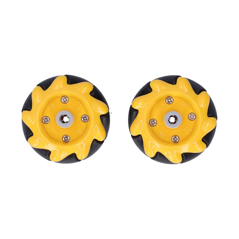 Pair of 48mm yellow mecanum wheels with black tires and grey hubs for DIY robot car projects