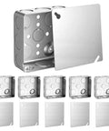 Top Shelf 6 Pack 4 Inch Square Electrical Junction Boxes With Covers Galvanized Steel Outlet Cans 1 2 Inch Deep 21 Cubic Capacity No Fuss Install on a white background.