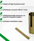 Two-piece steel crankshaft taper adapter set; converts 7/8 to 1 inch shaft, includes bushing and straight shaft.