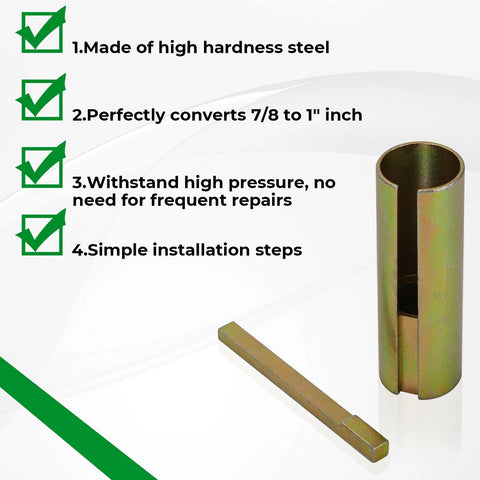 Two-piece steel crankshaft taper adapter set; converts 7/8 to 1 inch shaft, includes bushing and straight shaft.