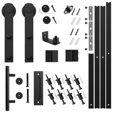 All In One Heavy Duty Sliding Barn Door Hardware Kit Features 11 Foot Track With Whisper Quiet Nylon Rollers For Rock Solid Reliability Smooth Silent Operation Dead Simple Install Durable Alloy Frame No Door Included Matte Black Finish all components displayed.