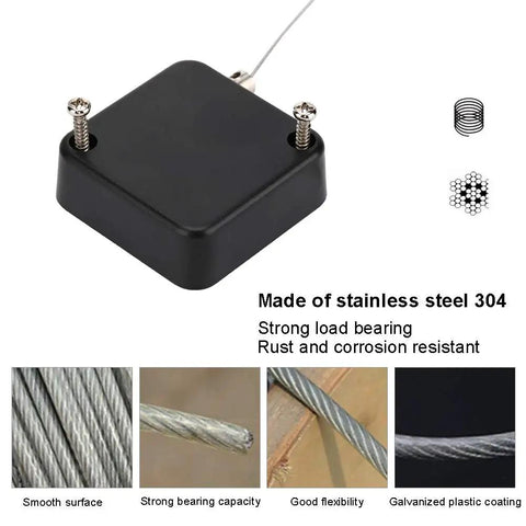 Retractable Display Security Cable Lock With Adjustable Tether Stops Keeps Merchandise Locked Down Tight showing stainless steel base and cable.