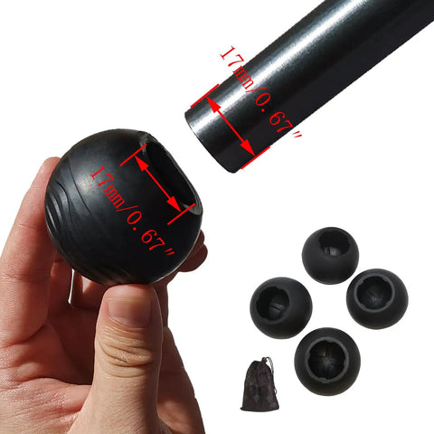 17mm Anti Sink Rubber Ball Feet For Camping And Folding Chairs, showing size comparison and mesh carry bag.