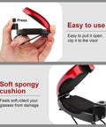 Close-up of Ten Piece Car Visor Sunglasses Clips Set showing red open clip with soft spongy cushion and hand holding ease of use.