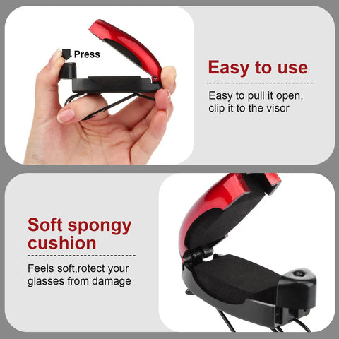 Close-up of Ten Piece Car Visor Sunglasses Clips Set showing red open clip with soft spongy cushion and hand holding ease of use.