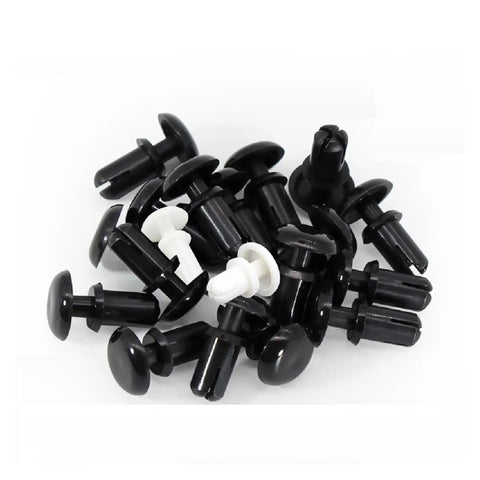 Heavy Duty Nylon Expansion Rivet Nuts Push In Buckle Clips 100 Pack Black showing assorted black and white rivets.