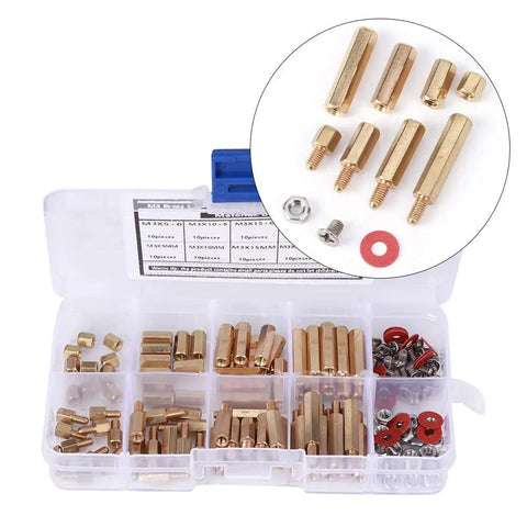 Easy Install M3 Brass Spacer Screws Washers Nut Kit For Circuit Board Mounting, durable brass hex posts in storage box
