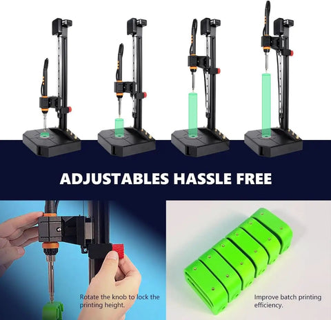 Vertical Heat Set Insert Tool Press With 90W Soldering Iron M2 M8 Heat Set Tips shown with adjustable clamp for 3D parts