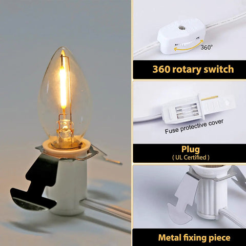Two Pack LED Light Cords With 6 Feet White Wire And On Off Switch, C7 Candelabra Bulbs And Clips showing bulb, switch, plug, and clip
