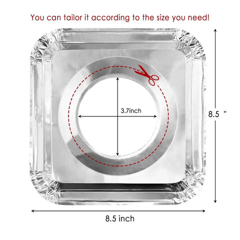 Disposable Stove Burner Liners Pack Of 50 Square 8.5 Inch Gas Rangetop Protectors with size guide and scissors icon