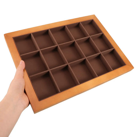 Top Shelf Solid Walnut Wood Jewelry Tray Organizer With Fifteen Grids For Rings Necklaces And Bracelets Compact Vanity Storage Display Plate For Counters held in hand.