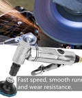 Built Tough Pneumatic Die Grinder With Fast Swap Chuck And Angled Shank For Zero Hassle Metal Deburring Wood Finishing And Rubber Shaping At A Rock Solid Two Thousand Rpm, showing metal cutting in action.
