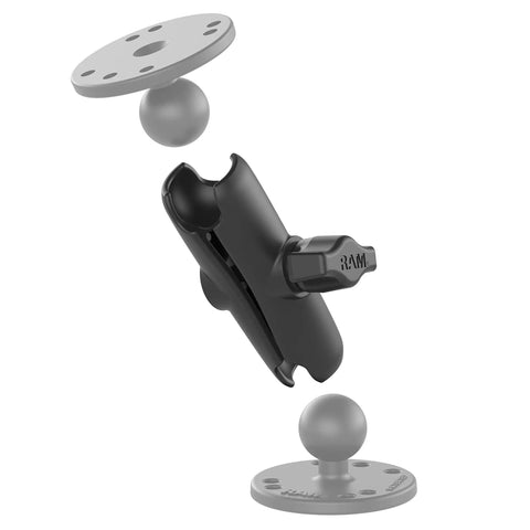 Medium Double Socket Arm For B Size 1 Inch Ball Components, fully adjustable arm with tilt and swivel, front view with ball mounts