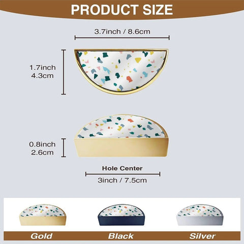 Two Pack Colorful Terrazzo Cabinet Handles With 3 Inch Center Hole Semicircle Gold Drawer Pulls Solid Zinc Alloy Hardware product sizes