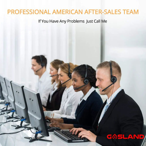 Professional team at desks providing after-sales support, using headsets and computers, with Gasland branding visible.
