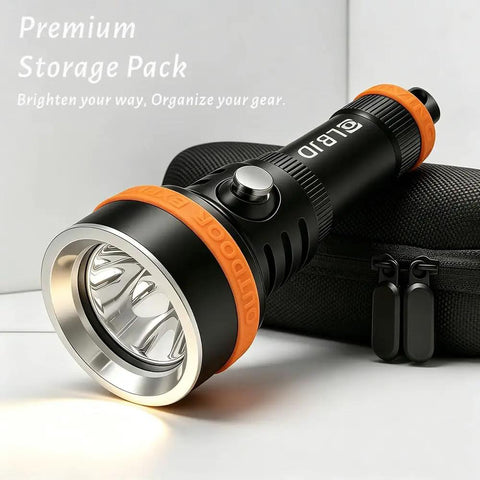 Crazy Bright Underwater Dive Light 1800 Lumens with 6 Degree Narrow Beam, waterproof torch with storage case, angled view.