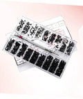 Two Piece Miniature Screw Set With Countersunk Round Screws, DIY Friendly, organized in a transparent storage box with 18 sizes on display.