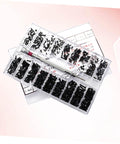 Top Tier Mini Screw Assortment Kit With 18 Assorted Sizes High Hardness Carbon Steel Black Fasteners in clear organizer.