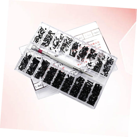 Top Tier Mini Screw Assortment Kit With 18 Assorted Sizes High Hardness Carbon Steel Black Fasteners in clear organizer.