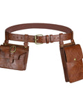 Easy Adjust Vintage Brown Leather Waist Belt With Heavy Duty Industrial Buckle Dope Gritty Look For Larp Cosplay, features two side pouches.