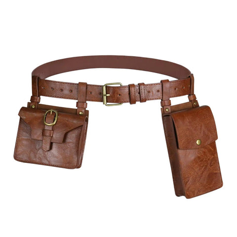 Easy Adjust Vintage Brown Leather Waist Belt With Heavy Duty Industrial Buckle Dope Gritty Look For Larp Cosplay, features two side pouches.