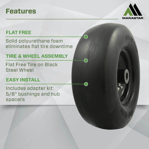 Universal Fit Flat Free Tire And Wheel Assembly For Zero Turn Mowers 11x4.00-5 Smooth Tread shown with features text