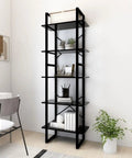 5-Tier Black Bookcase With Engineered Wood And Metal Frame Industrial Modern Tall Shelf in home office corner