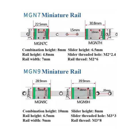 High Precision Linear Guide Rail Kit With Smooth Slider Block For Easy Installation And Low Friction Motion Accuracy In CNC Machines And DIY Projects That Are Absolute Fire. MGN7 and MGN9 rail size chart