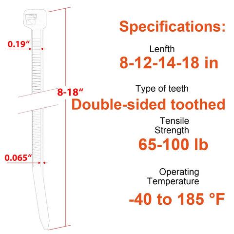 Specifications of Assorted Zip Ties Set 8 12 14 18 Inch Heavy Duty Nylon Cable Ties With Self Locking Mechanism 100 Lb Tensile Strength