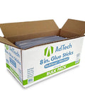 Open box of 8-Inch Clear Mini Hot Glue Sticks For Crafting And DIY Projects, Multi-Temp Bond, showing bulk pack of glue sticks
